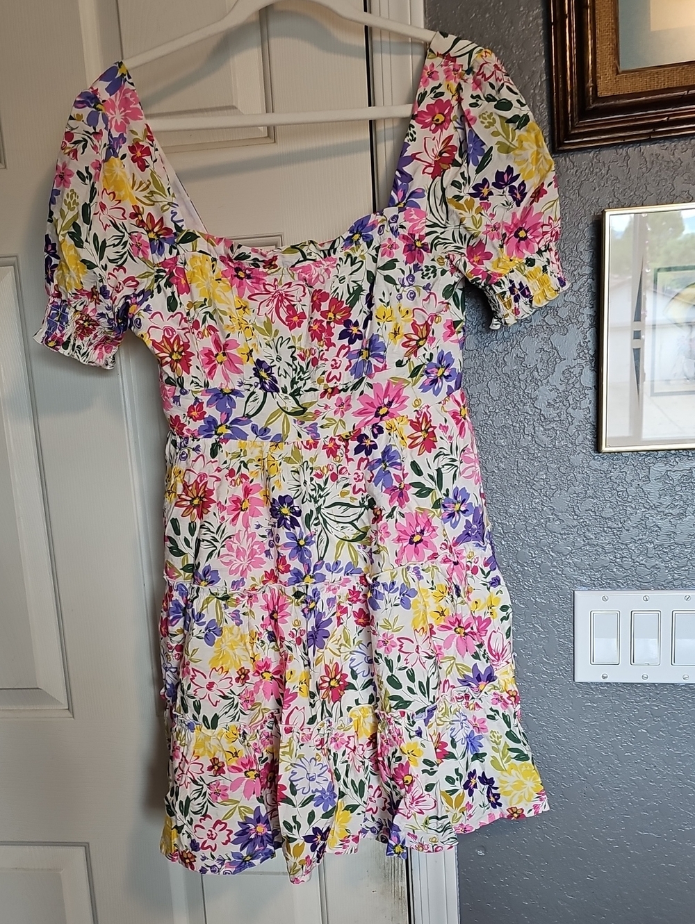 Blu Pepper White Floral Puff Sleeve Dress - Pink Yellow Purple